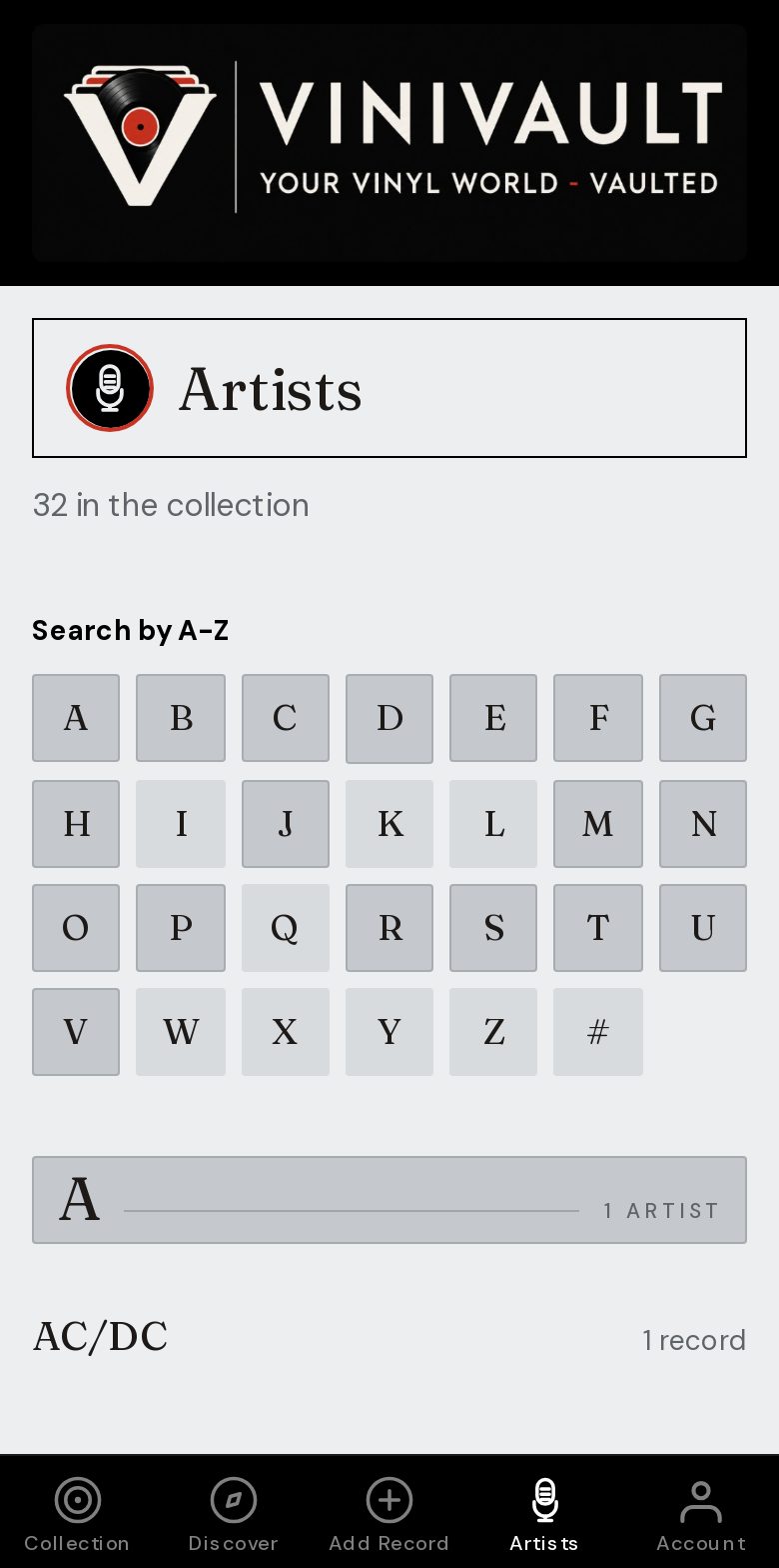 Artists in a ViniVault collection on a phone