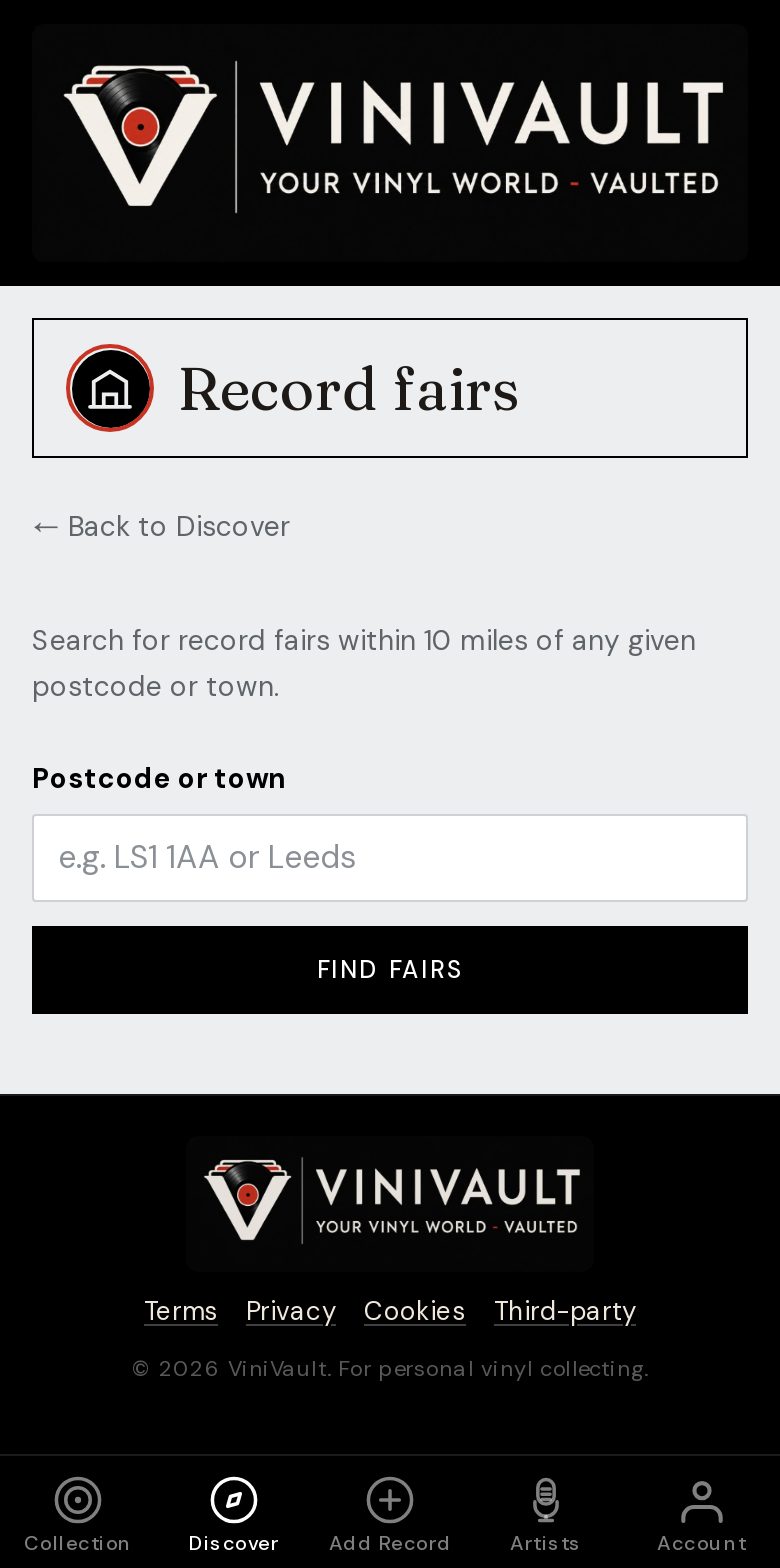 Find record fairs in ViniVault on a phone