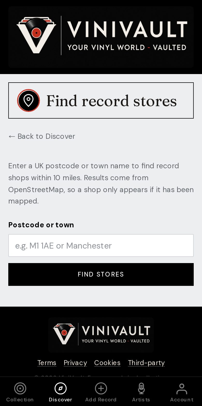 Find record stores in ViniVault on a phone