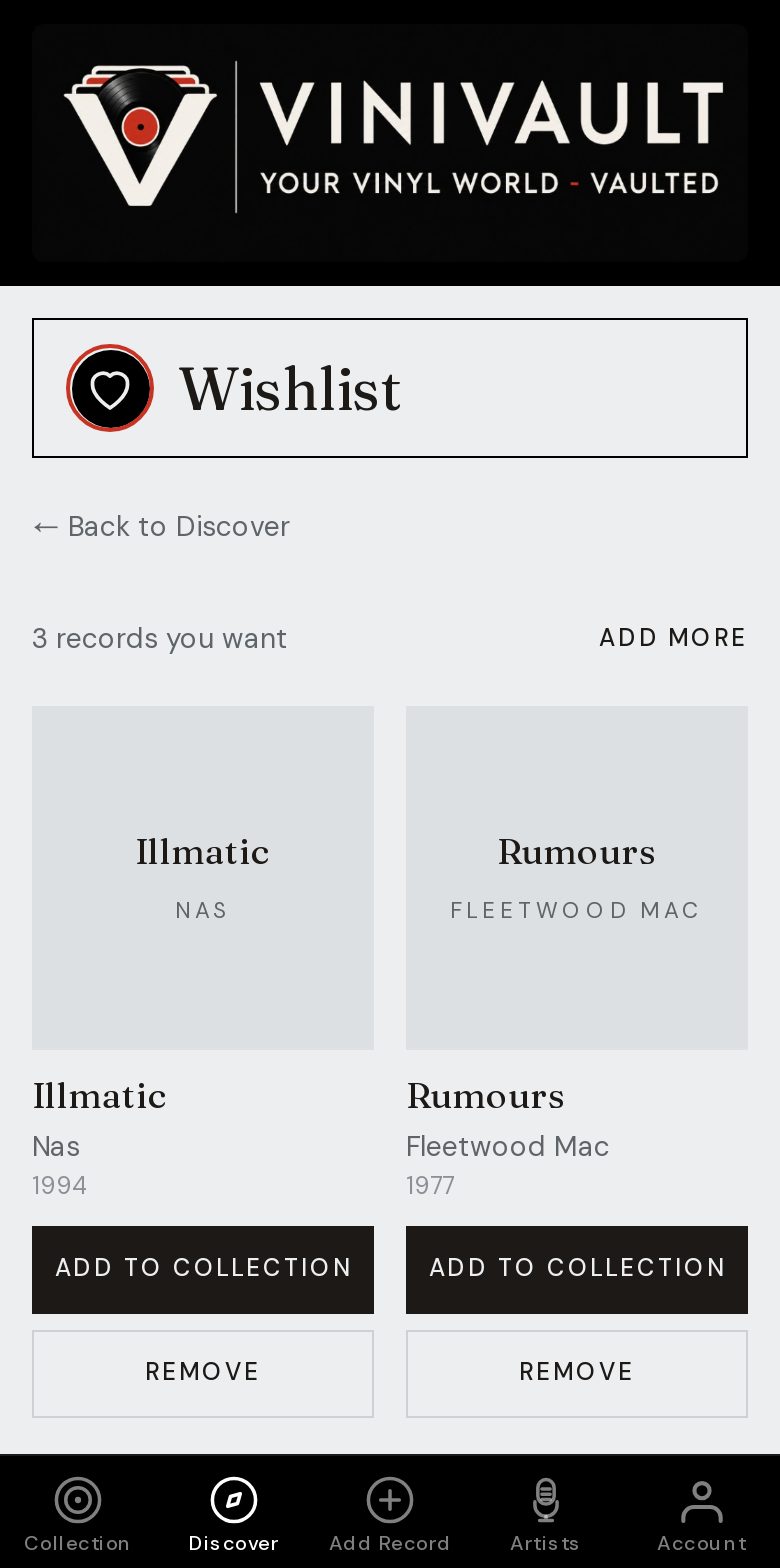 The ViniVault wishlist on a phone